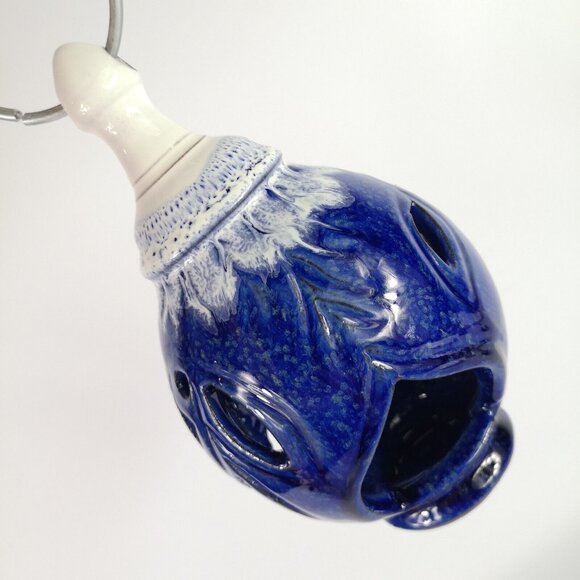 Pottery Lantern Blue And White Small Hanging Candle Holder Hand Made Signed - Picture 11 of 13